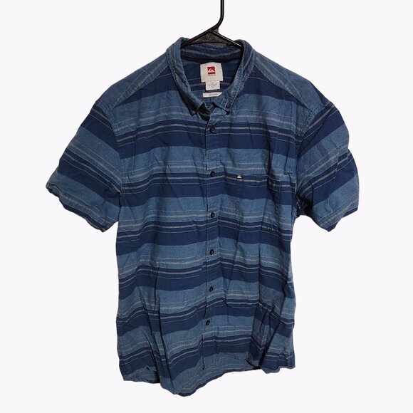 Quiksilver Button Front Modern Shirt Mens Size XL Blue Striped Short Sleeve - Picture 1 of 4